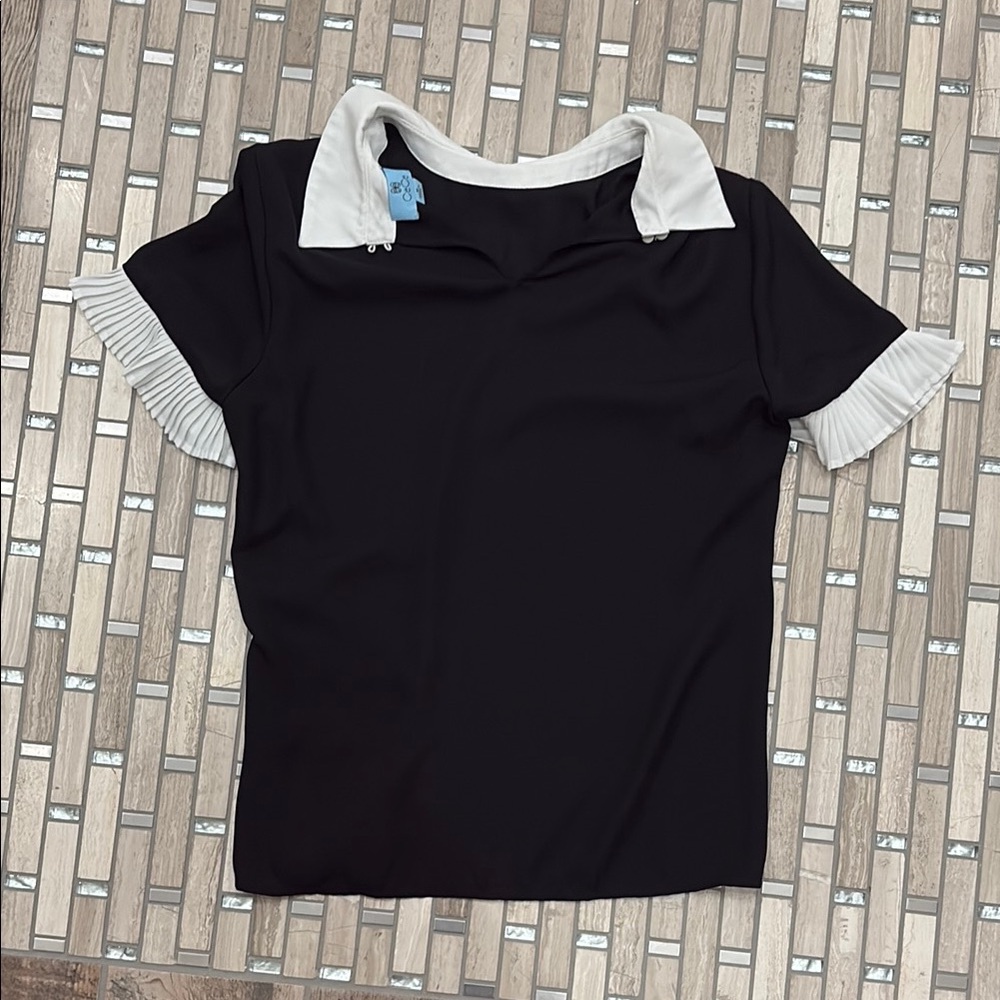 CeCe Black Top with White Collar and Pleated Sleeves